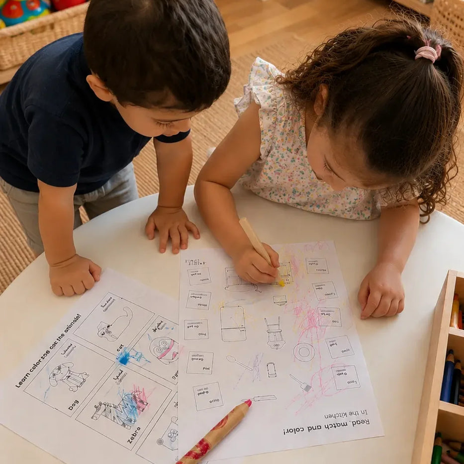 Two young children coloring Targhil bilingual Lebanese-English printable activity sheets at a table with Montessori toys nearby